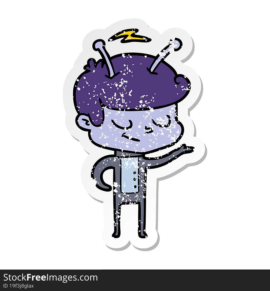 distressed sticker of a friendly cartoon spaceman