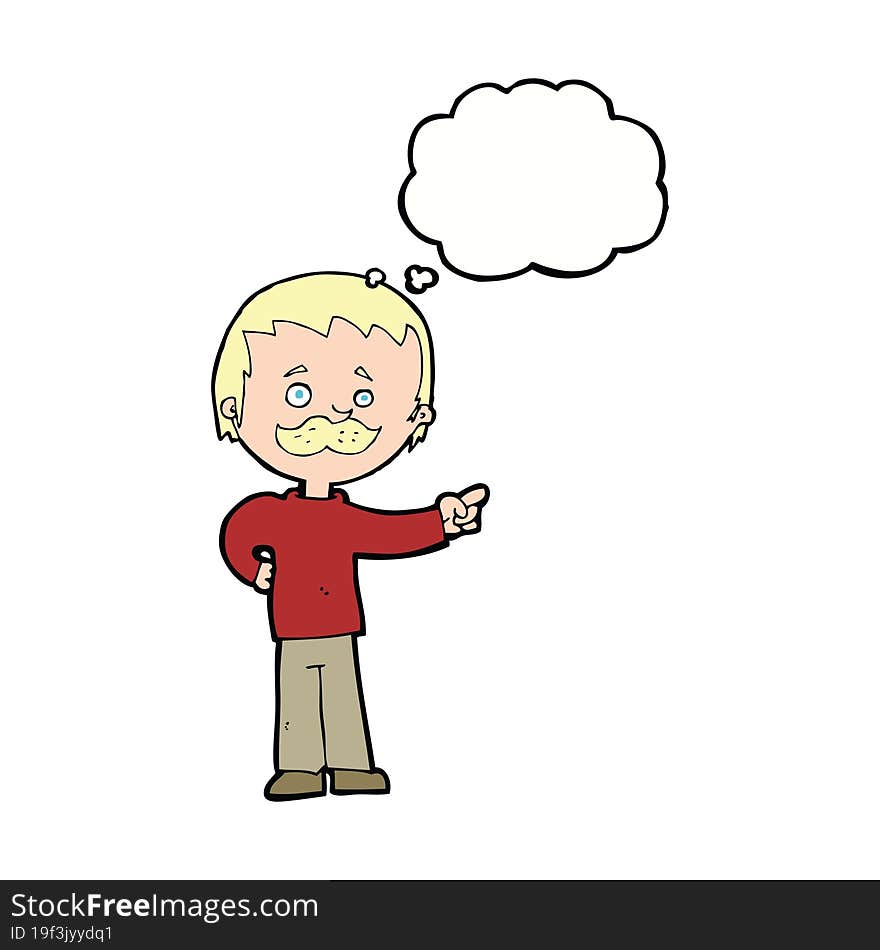 cartoon man with mustache pointing with thought bubble