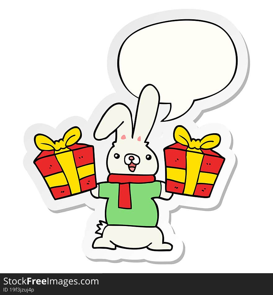 cartoon rabbit and christmas presents and speech bubble sticker