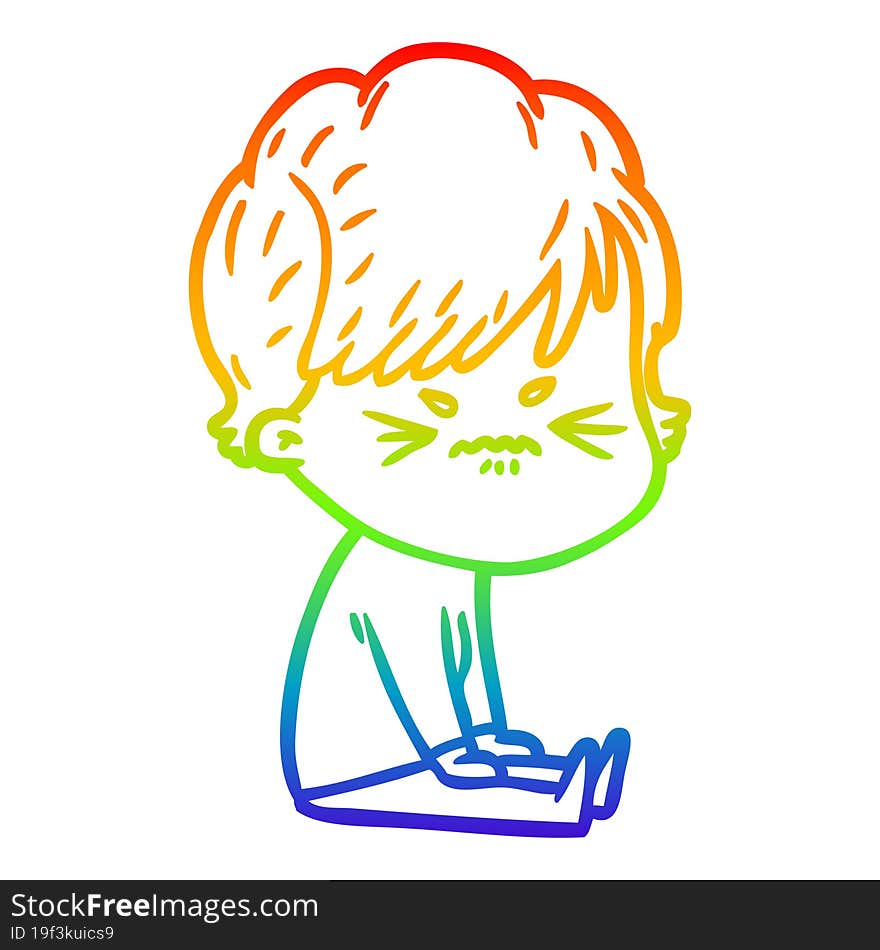 Rainbow Gradient Line Drawing Cartoon Frustrated Woman