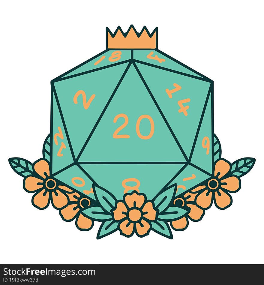 Natural 20 D20 Dice Roll With Floral Elements Illustration