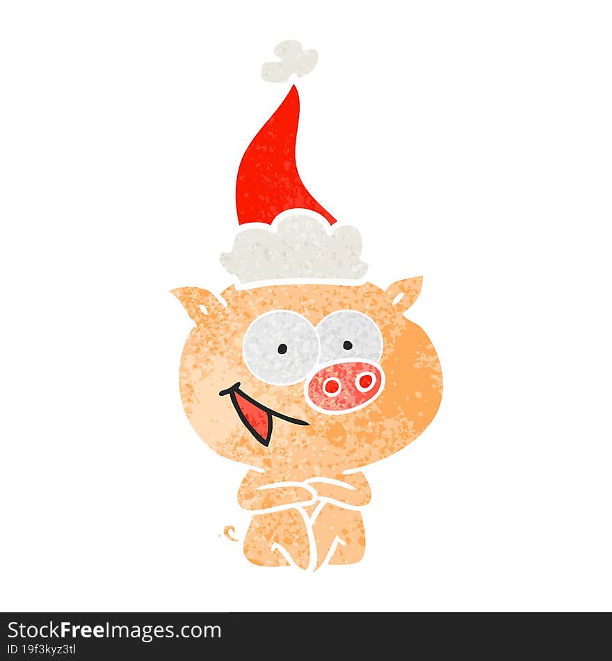 cheerful sitting pig retro cartoon of a wearing santa hat