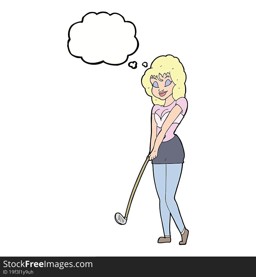 cartoon woman playing golf with thought bubble