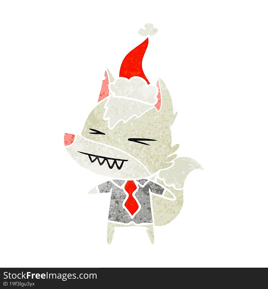 angry wolf boss hand drawn retro cartoon of a wearing santa hat. angry wolf boss hand drawn retro cartoon of a wearing santa hat