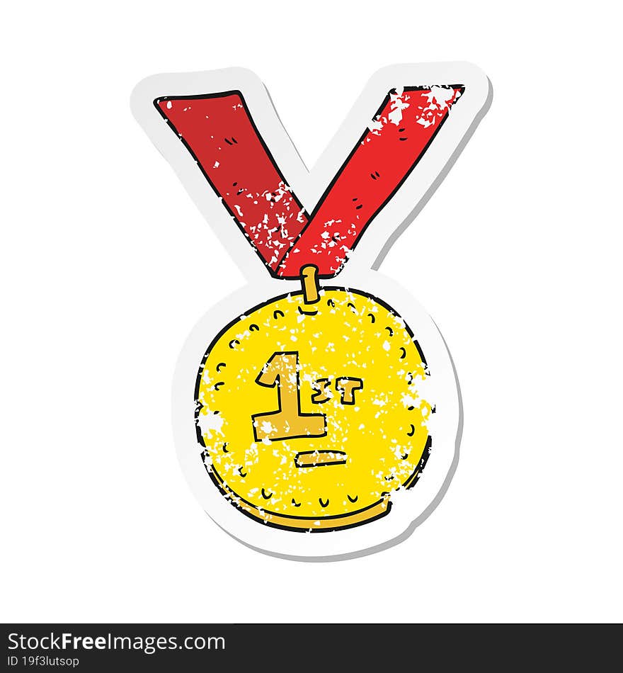 retro distressed sticker of a cartoon first place medal