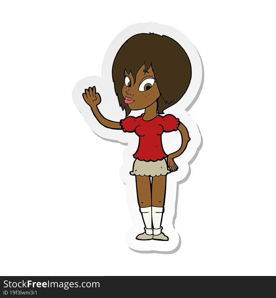 Sticker Of A Cartoon Pretty Woman Waving