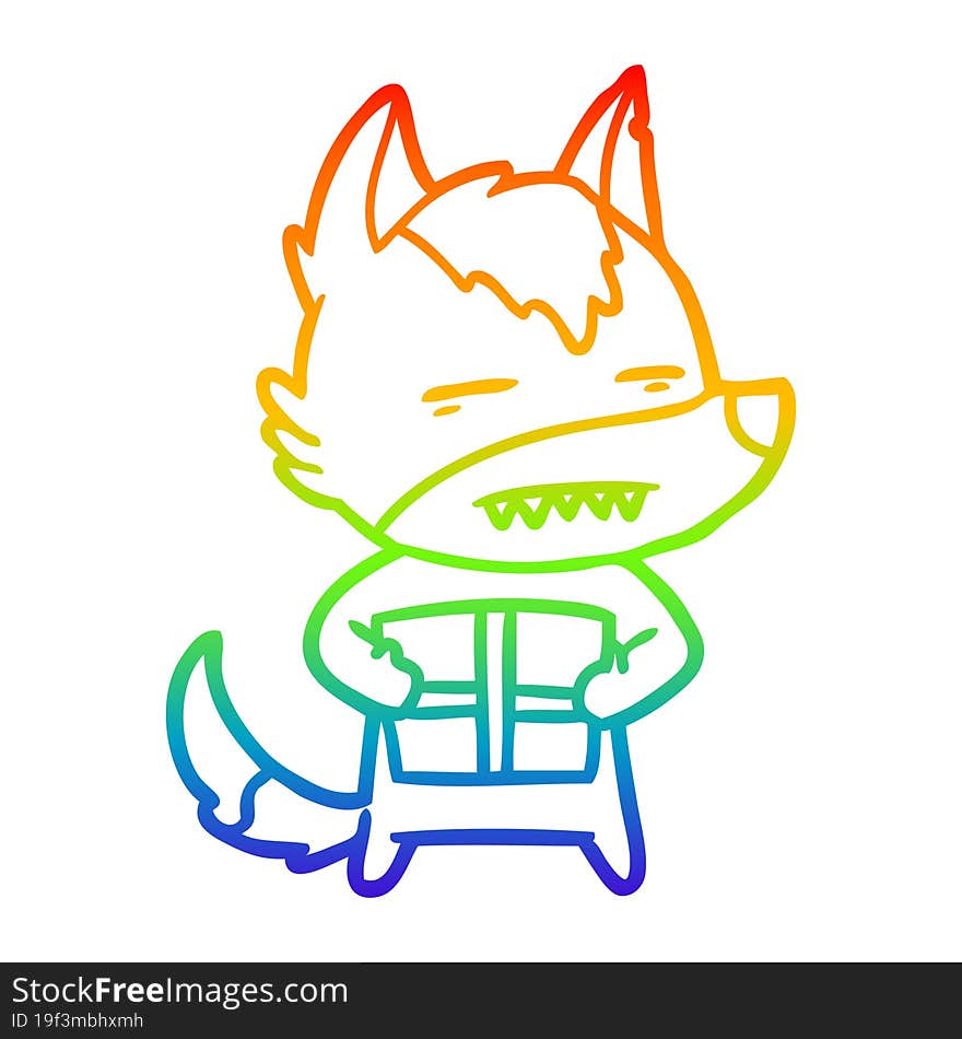 Rainbow Gradient Line Drawing Cartoon Wolf With A Gift