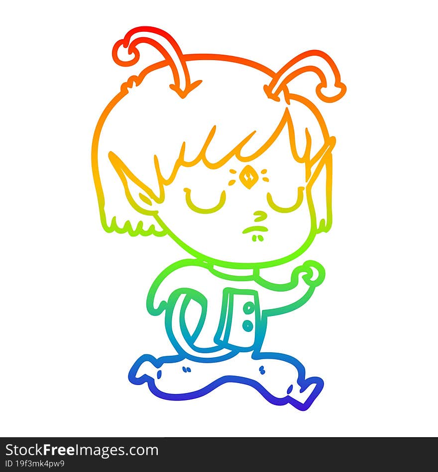 rainbow gradient line drawing of a cartoon alien girl