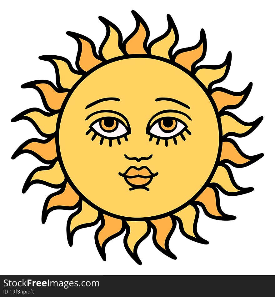 tattoo in traditional style of a sun with face. tattoo in traditional style of a sun with face