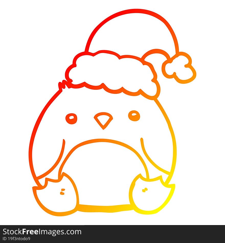 warm gradient line drawing of a cute cartoon penguin wearing christmas hat