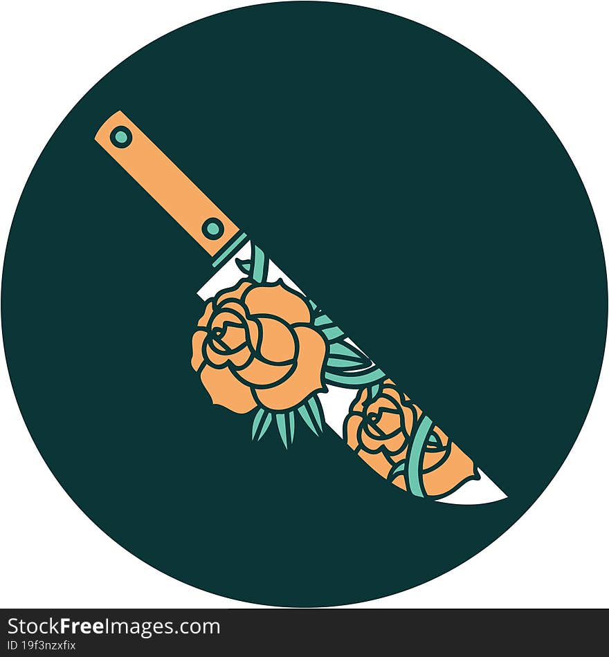 iconic tattoo style image of a dagger and flowers. iconic tattoo style image of a dagger and flowers