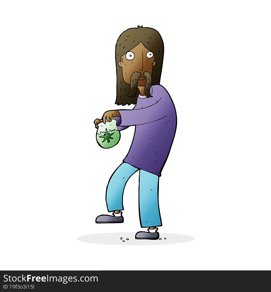 Cartoon Hippie Man With Bag Of Weed