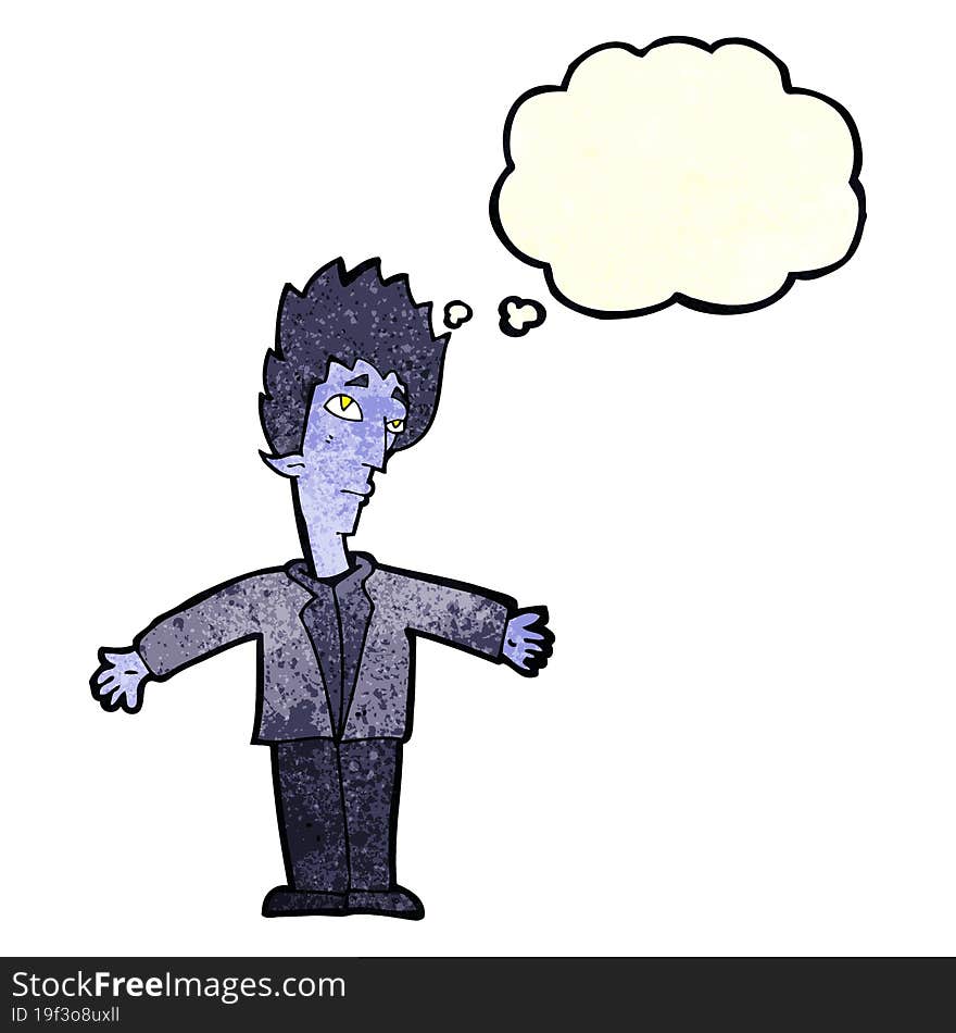 cartoon vampire man with thought bubble