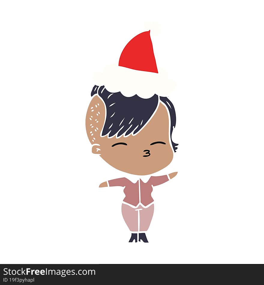 flat color illustration of a squinting girl wearing santa hat