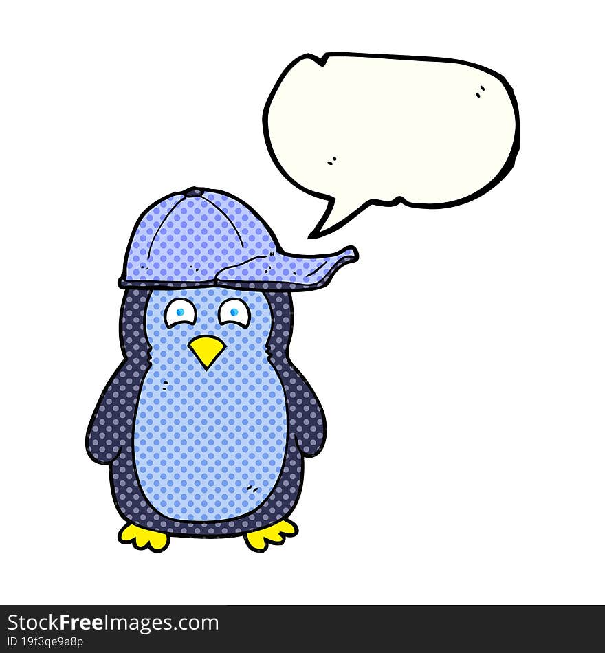 freehand drawn comic book speech bubble cartoon penguin wearing hat