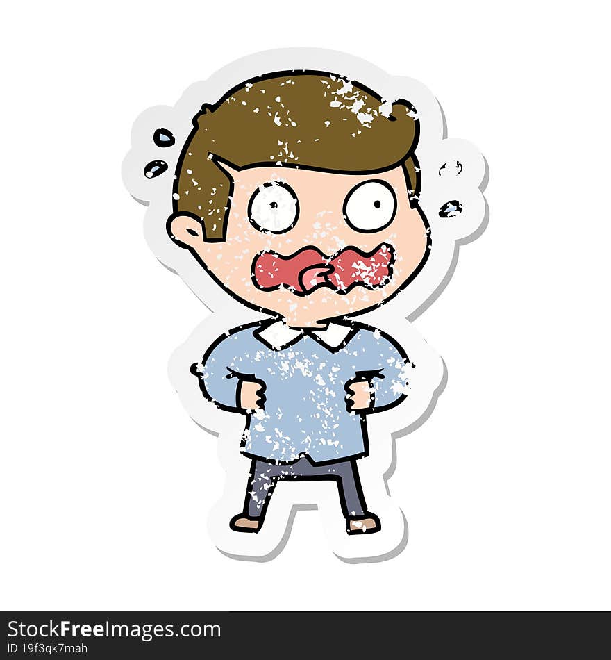 distressed sticker of a cartoon man totally stressed out