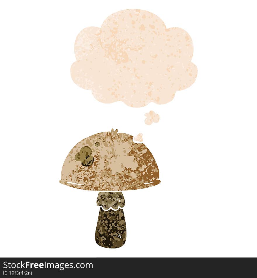 cartoon mushroom with thought bubble in grunge distressed retro textured style. cartoon mushroom with thought bubble in grunge distressed retro textured style