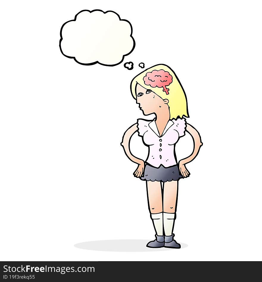 cartoon intelligent woman with thought bubble