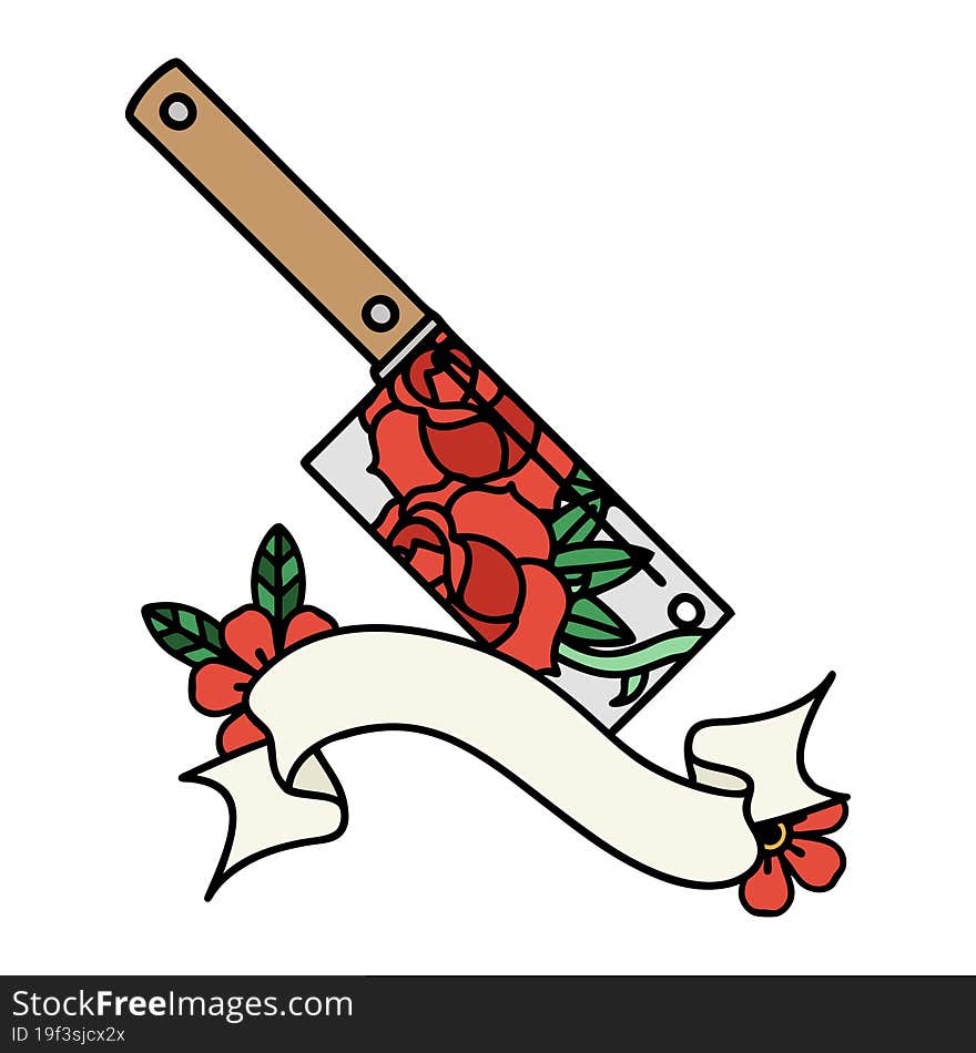 Tattoo With Banner Of A Cleaver And Flowers