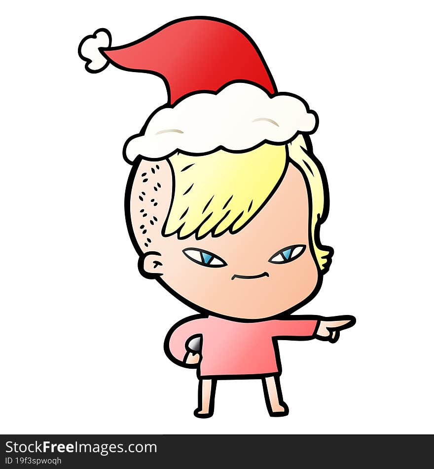 cute hand drawn gradient cartoon of a girl with hipster haircut wearing santa hat