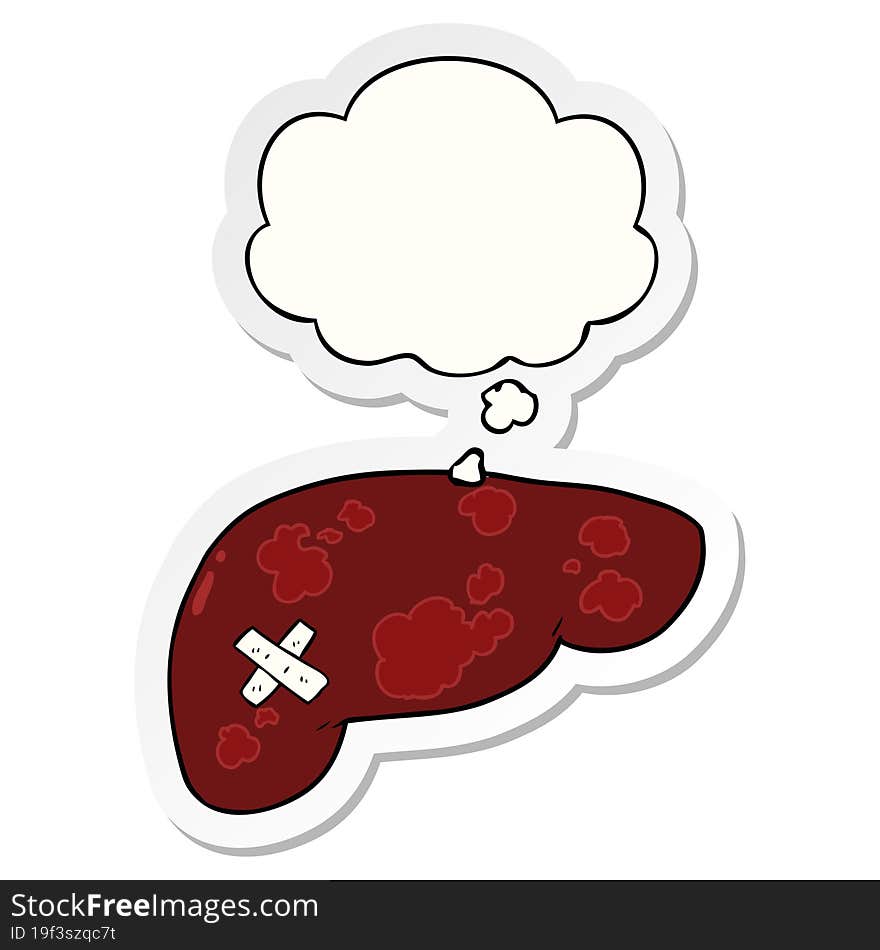 cartoon unhealthy liver with thought bubble as a printed sticker