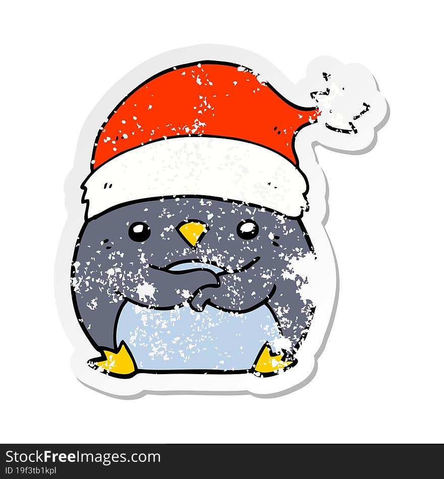 distressed sticker of a cute cartoon penguin wearing christmas hat