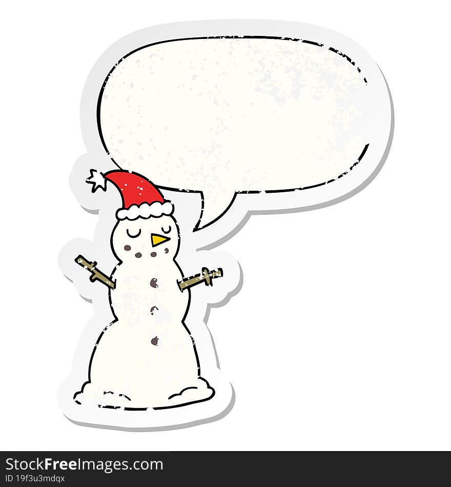 cartoon christmas snowman and speech bubble distressed sticker