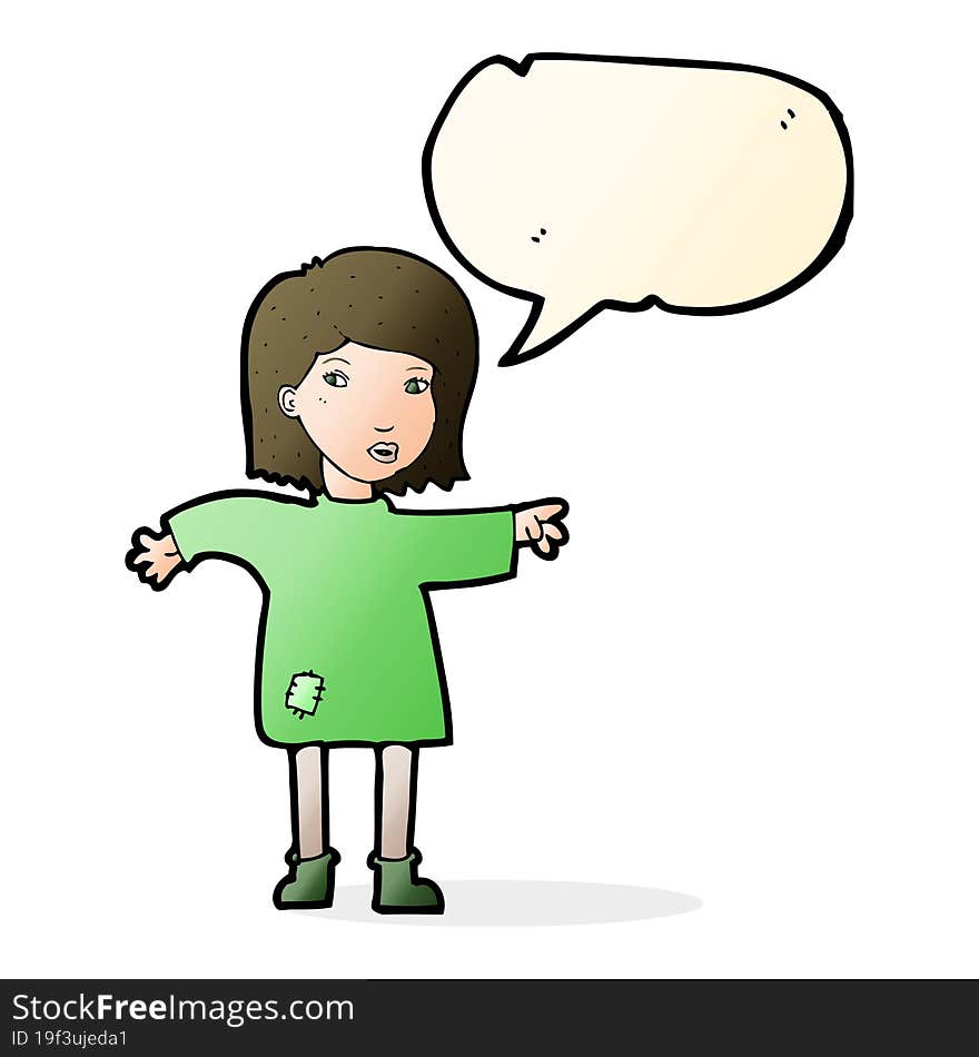 Cartoon Woman In Patched Clothing With Speech Bubble