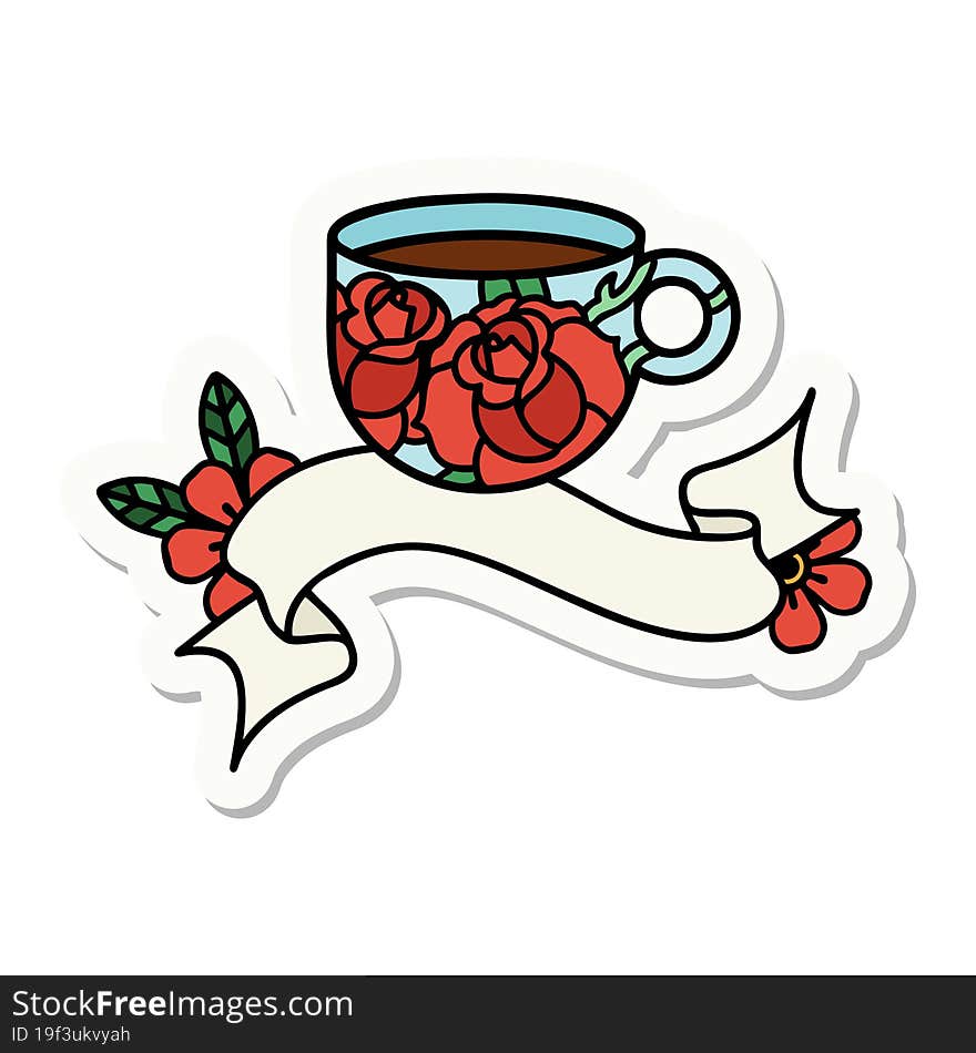 Tattoo Sticker With Banner Of A Cup And Flowers