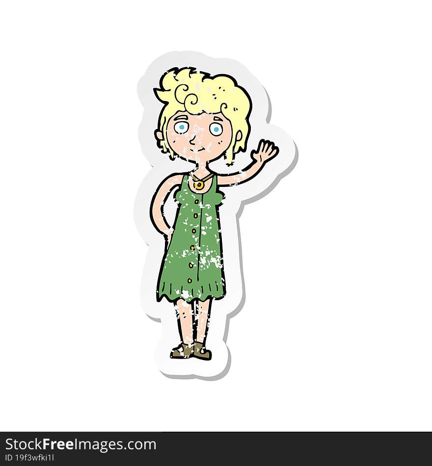 retro distressed sticker of a cartoon hippie woman waving