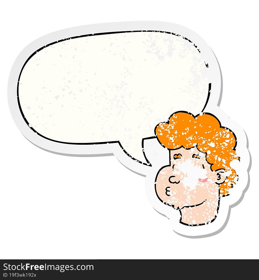 cartoon male face and speech bubble distressed sticker