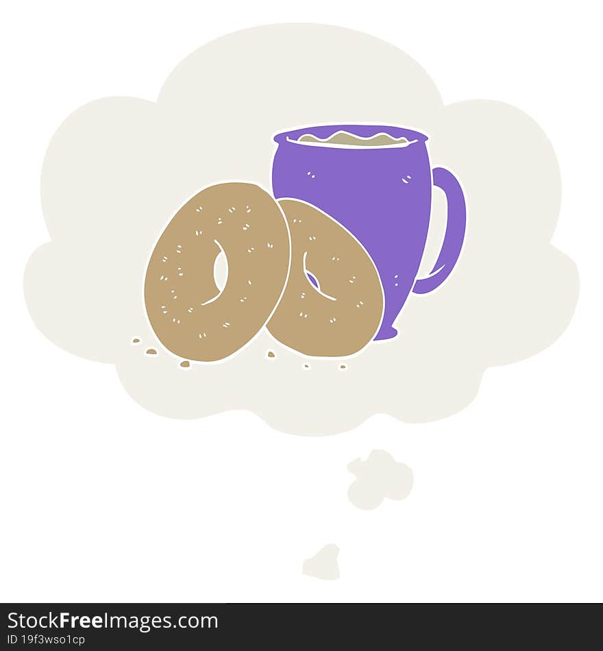 cartoon coffee and donuts with thought bubble in retro style