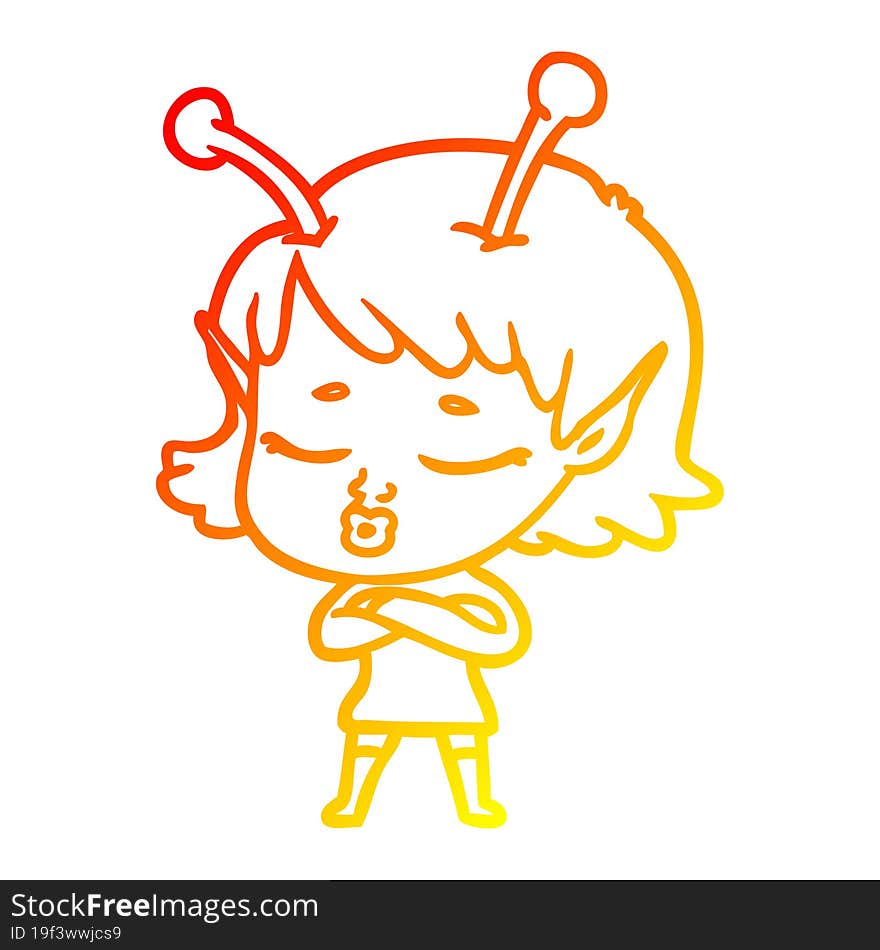 warm gradient line drawing cute alien girl cartoon