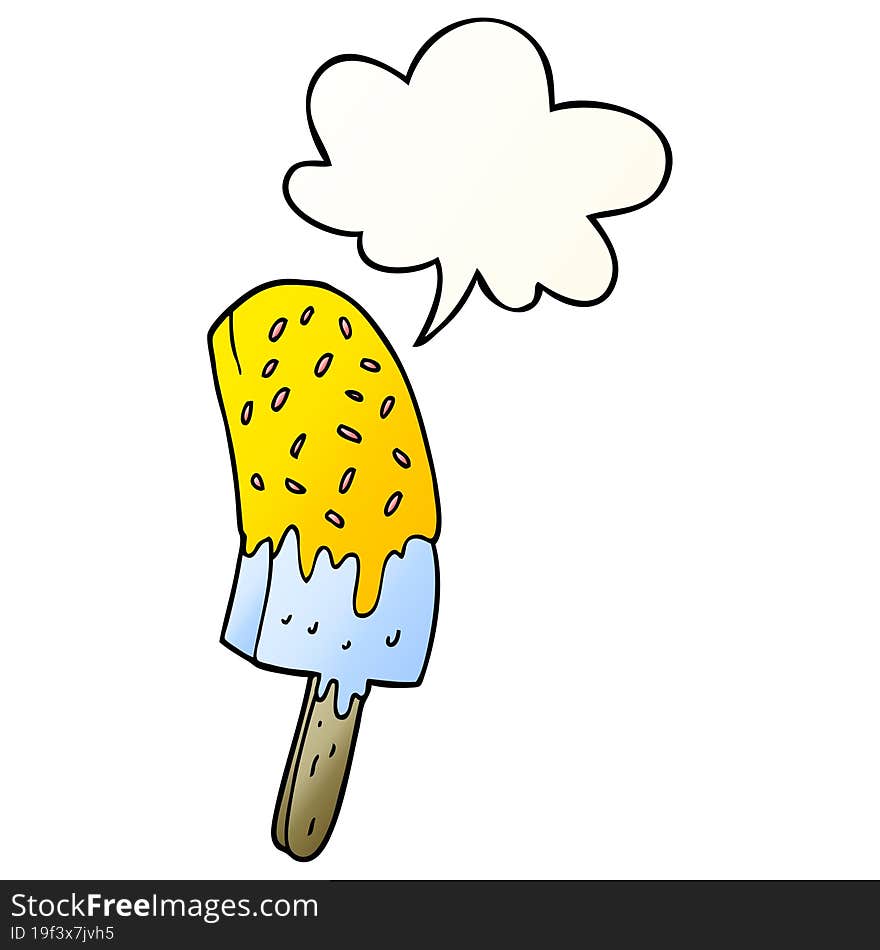 cartoon ice cream lolly and speech bubble in smooth gradient style