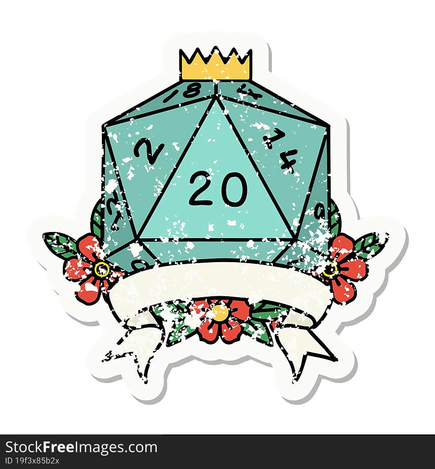 grunge sticker of a natural 20 critical hit D20 dice roll. grunge sticker of a natural 20 critical hit D20 dice roll