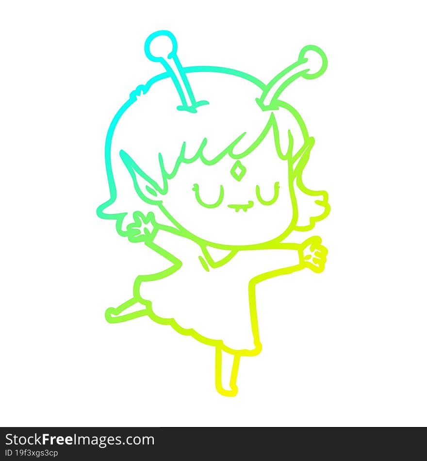 cold gradient line drawing of a cartoon alien girl