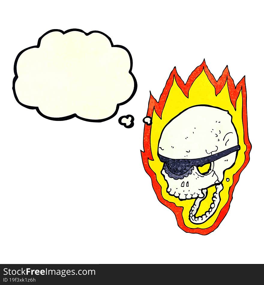 cartoon flaming pirate skull with thought bubble