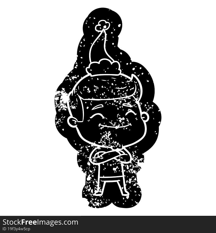 happy cartoon distressed icon of a man wearing santa hat