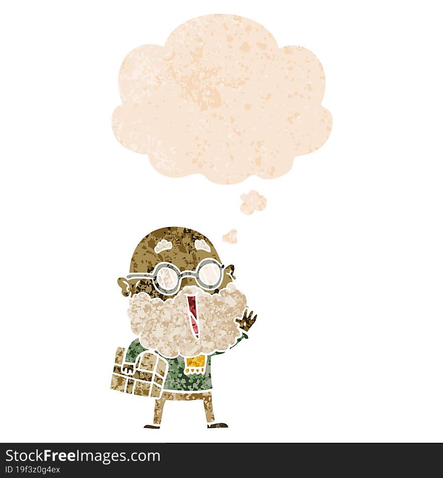 Cartoon Joyful Man With Beard And Parcel Under Arm And Thought Bubble In Retro Textured Style