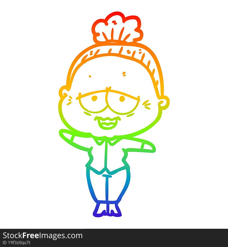 rainbow gradient line drawing of a cartoon happy old lady