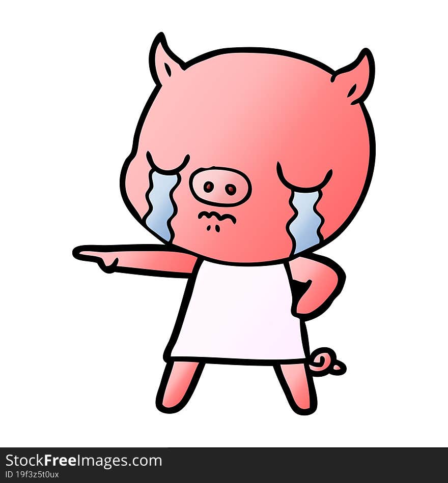 cartoon pig crying pointing. cartoon pig crying pointing