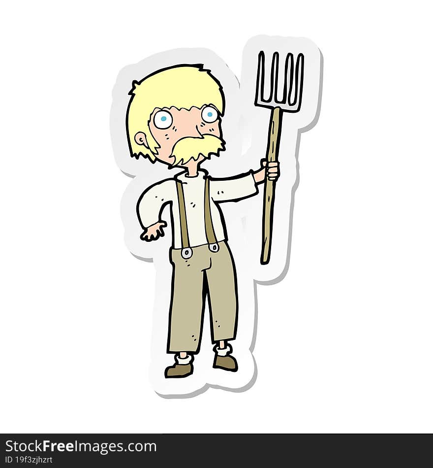 sticker of a cartoon farmer with pitchfork