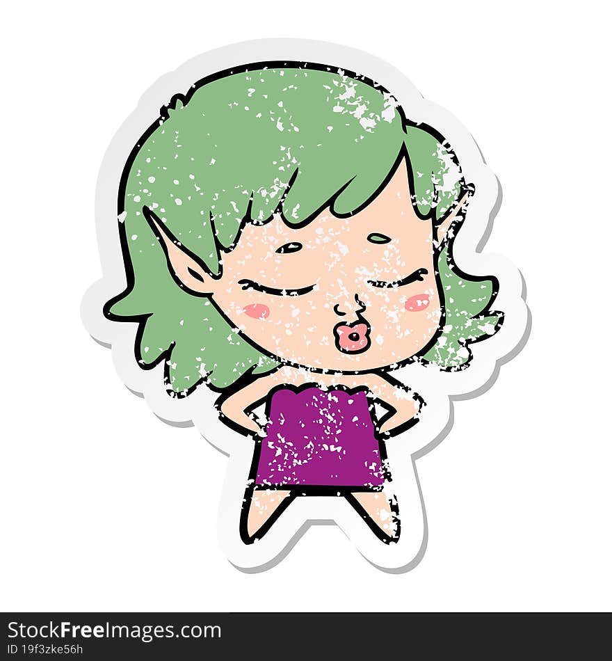 Distressed Sticker Of A Pretty Cartoon Elf Girl