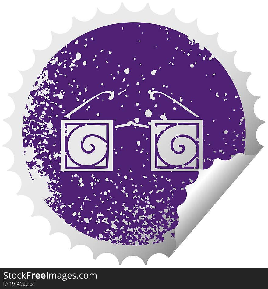 distressed circular peeling sticker symbol of a hypno glasses