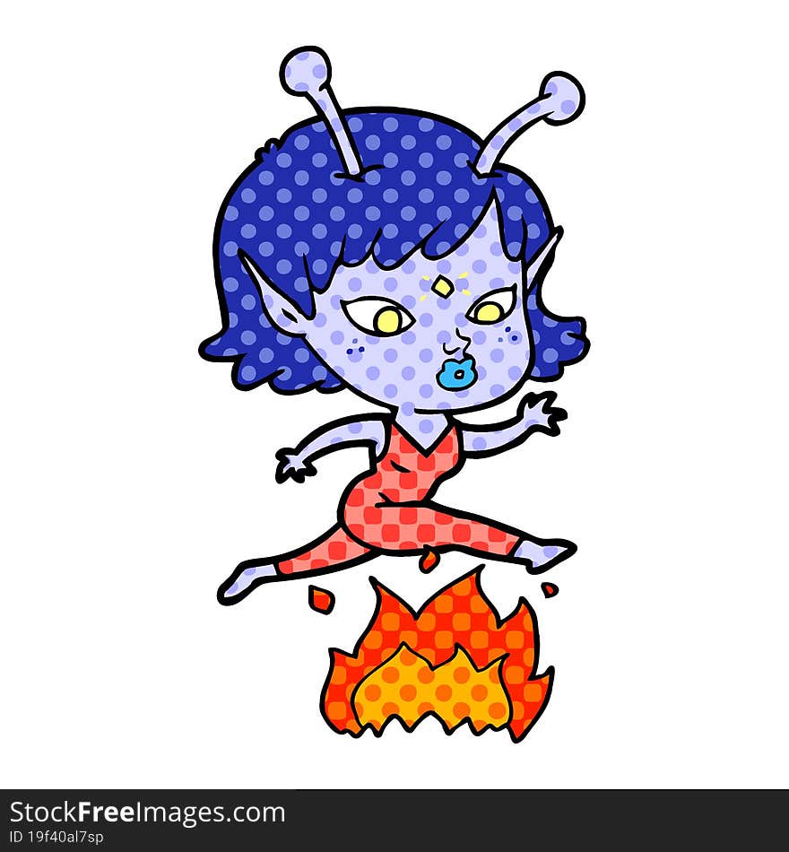 pretty cartoon alien girl jumping over fire. pretty cartoon alien girl jumping over fire