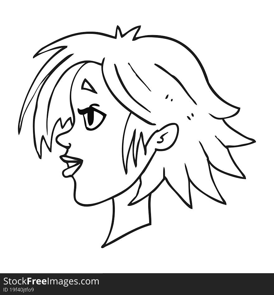 freehand drawn black and white cartoon happy female face