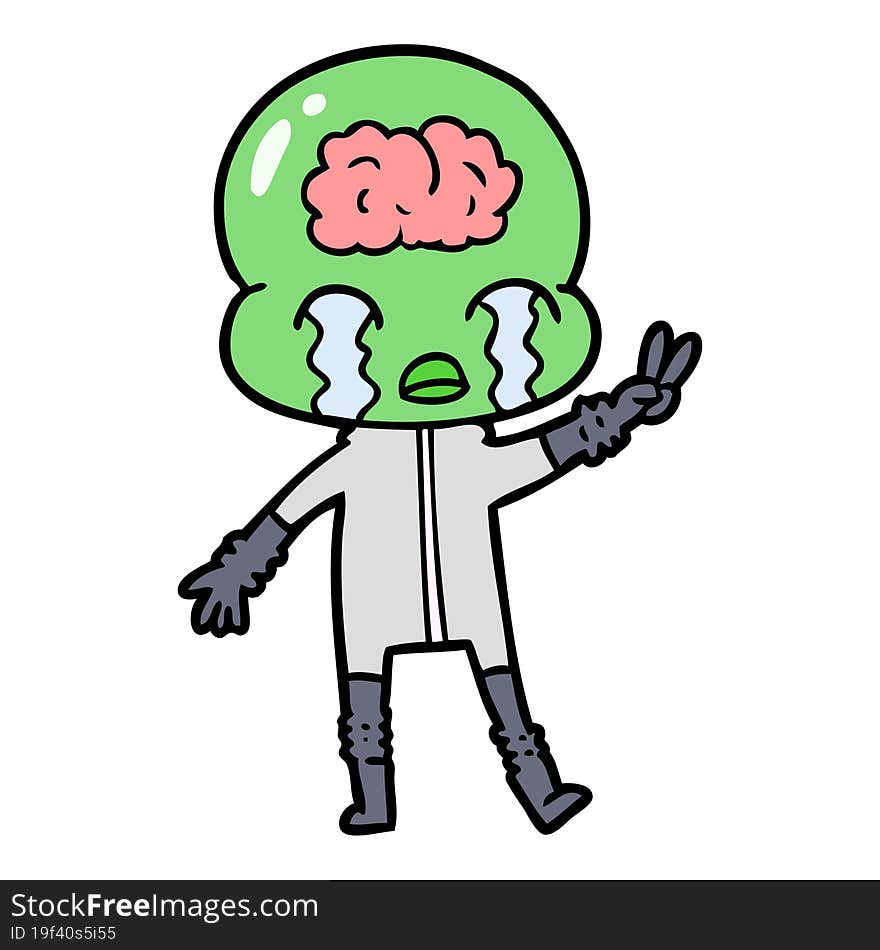 cartoon big brain alien crying and giving peace sign. cartoon big brain alien crying and giving peace sign