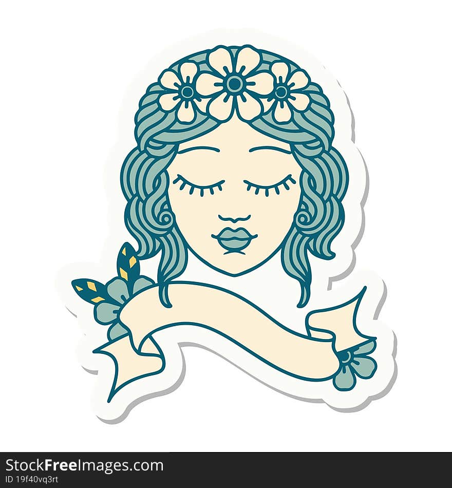 tattoo style sticker with banner of a maidens face