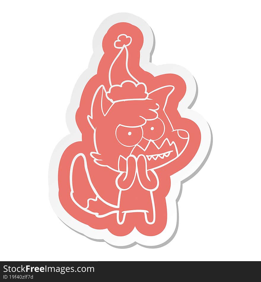 cartoon  sticker of a grinning fox wearing santa hat