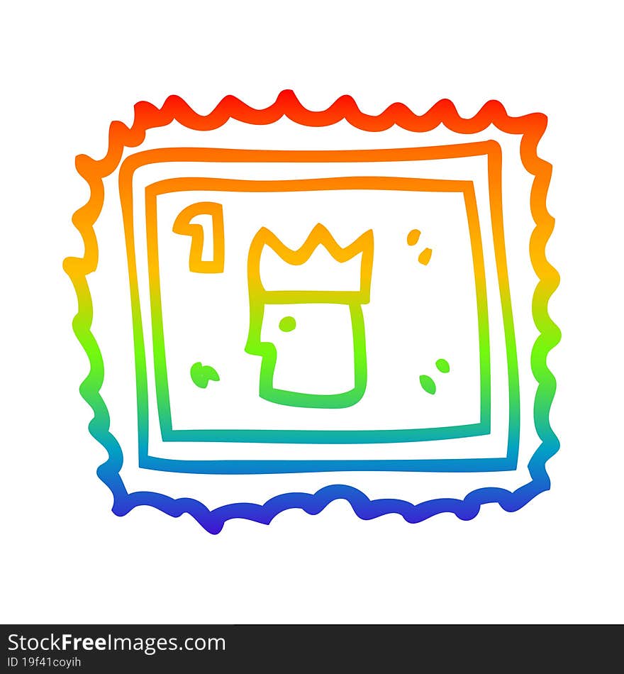 rainbow gradient line drawing of a cartoon stamp with royal face